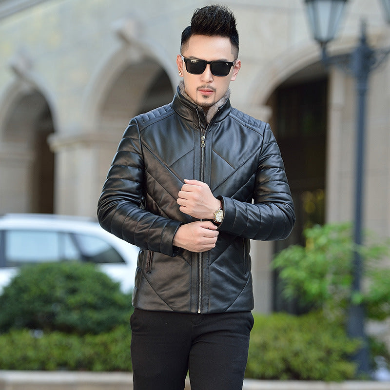 Men's Haining leather short slim jacket with mink fur collar