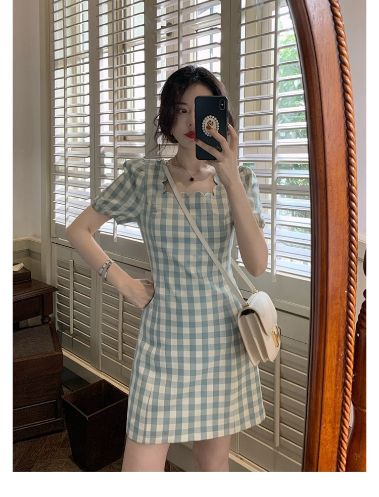 Summer Square Collar French Style Plaid Short Sleeve Holiday Dresses