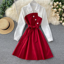 Load image into Gallery viewer, Collar Patchwork Button A-line Dress Sweet Female Vestido
