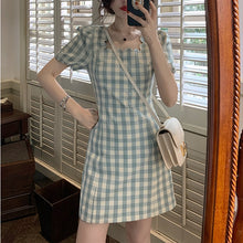 Load image into Gallery viewer, Summer Square Collar French Style Plaid Short Sleeve Holiday Dresses
