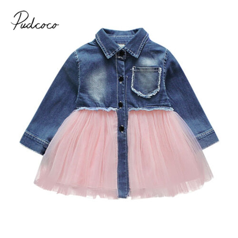 Baby Girls Denim Dress Long Sleeve Party Casual
