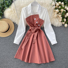 Load image into Gallery viewer, Collar Patchwork Button A-line Dress Sweet Female Vestido
