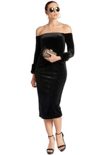 Load image into Gallery viewer, Joia Dress - Velvet off the shoulder long sleeve dress with faux fur
