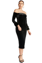 Load image into Gallery viewer, Joia Dress - Velvet off the shoulder long sleeve dress with faux fur
