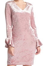 Load image into Gallery viewer, Kara Dress - Long sleeve crushed velvet v-neck dress adorned with bell
