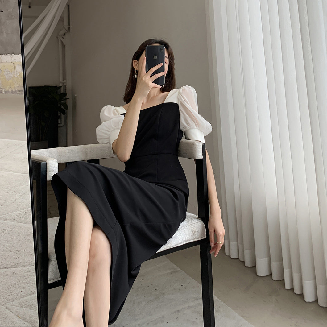 Black square collar dress with bubble sleeve long skirt