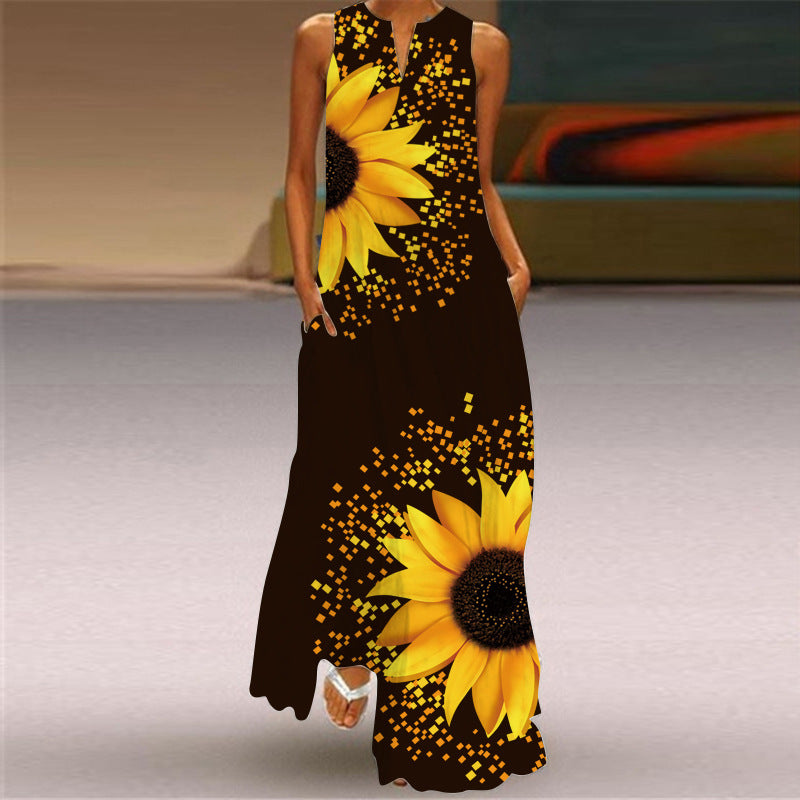 Sleeveless long skirt V-colored flower dress