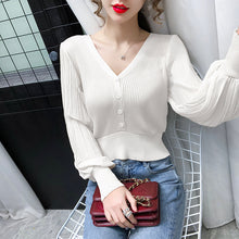 Load image into Gallery viewer, Loose chiffon bubble sleeves V-neck short top sweater
