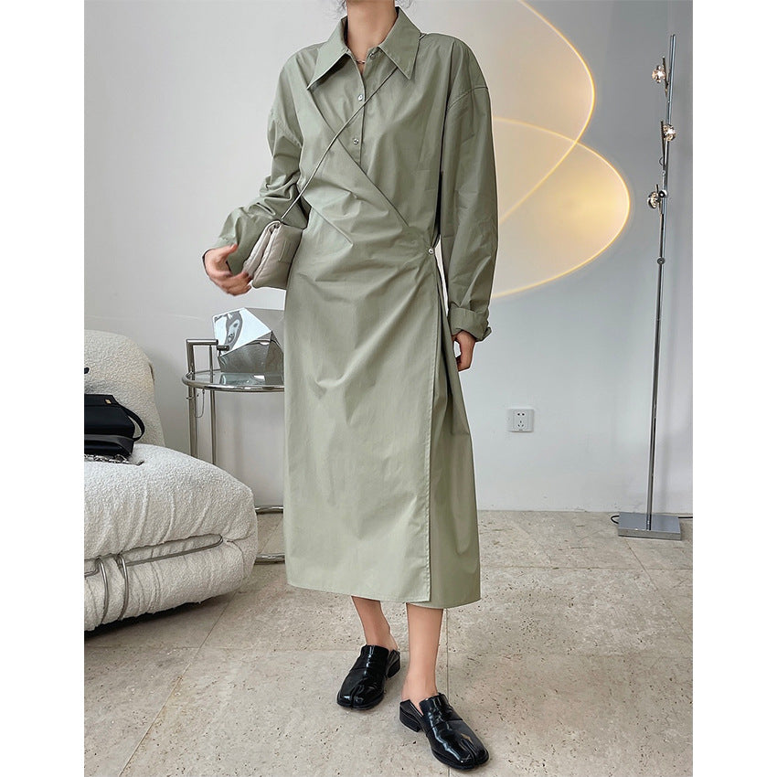 Spring new french temperament lazy buckle shirt dress waist loose
