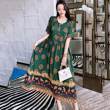 Load image into Gallery viewer, Heavy silk dress syndrome print round ring button big skirt
