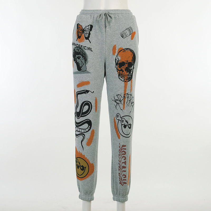Multi-pattern printed straps thickened warm casual pants