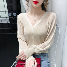 Load image into Gallery viewer, Loose chiffon bubble sleeves V-neck short top sweater
