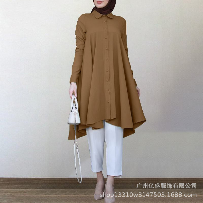 Muslim solid color lapel long-sleeved shirt