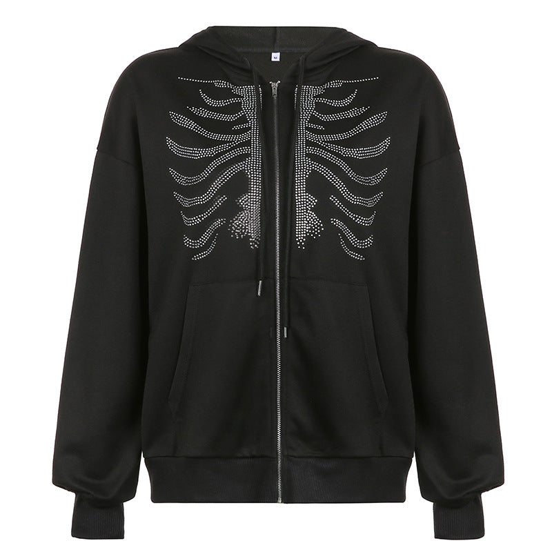Skeleton hot drill sweater or loose zipper casual jacket hooded