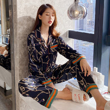 Load image into Gallery viewer, Spring lapel cardigan home service long-sleeved ice silk pajamas
