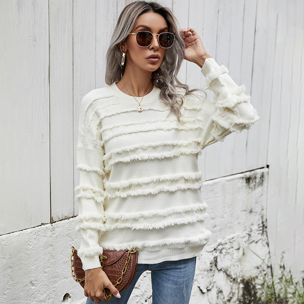 Winter leisure pullover round neck loose tassel knit sweater