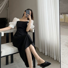 Load image into Gallery viewer, Black square collar dress with bubble sleeve long skirt
