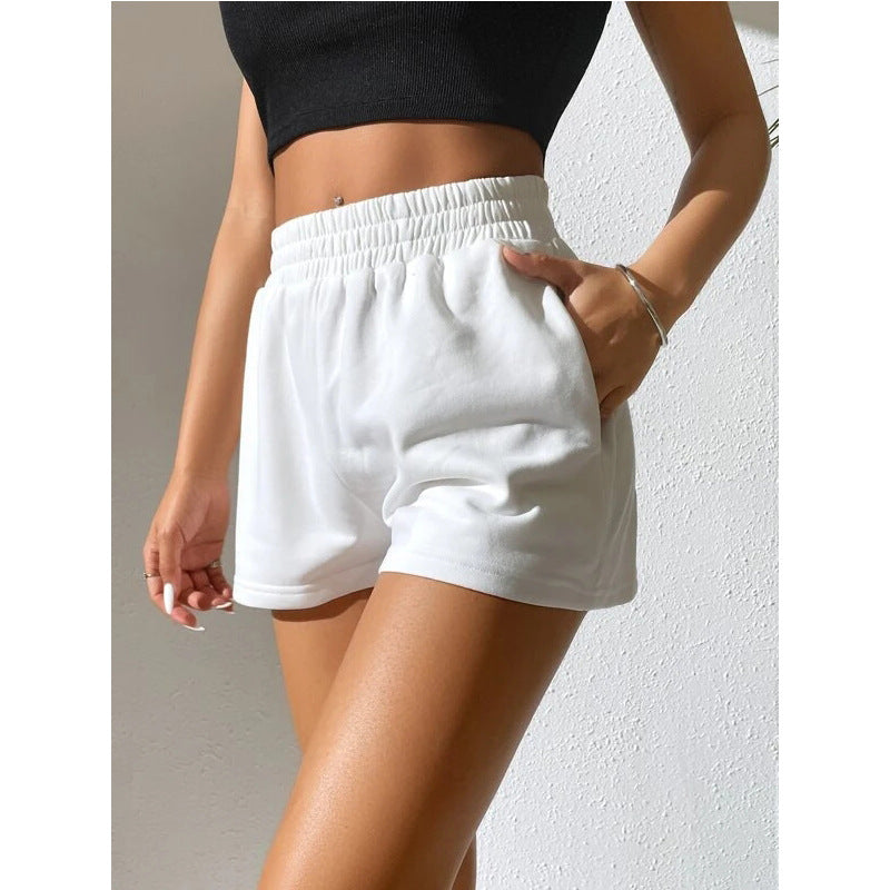 Elastic waist loose wide leg solid color casual sports shorts