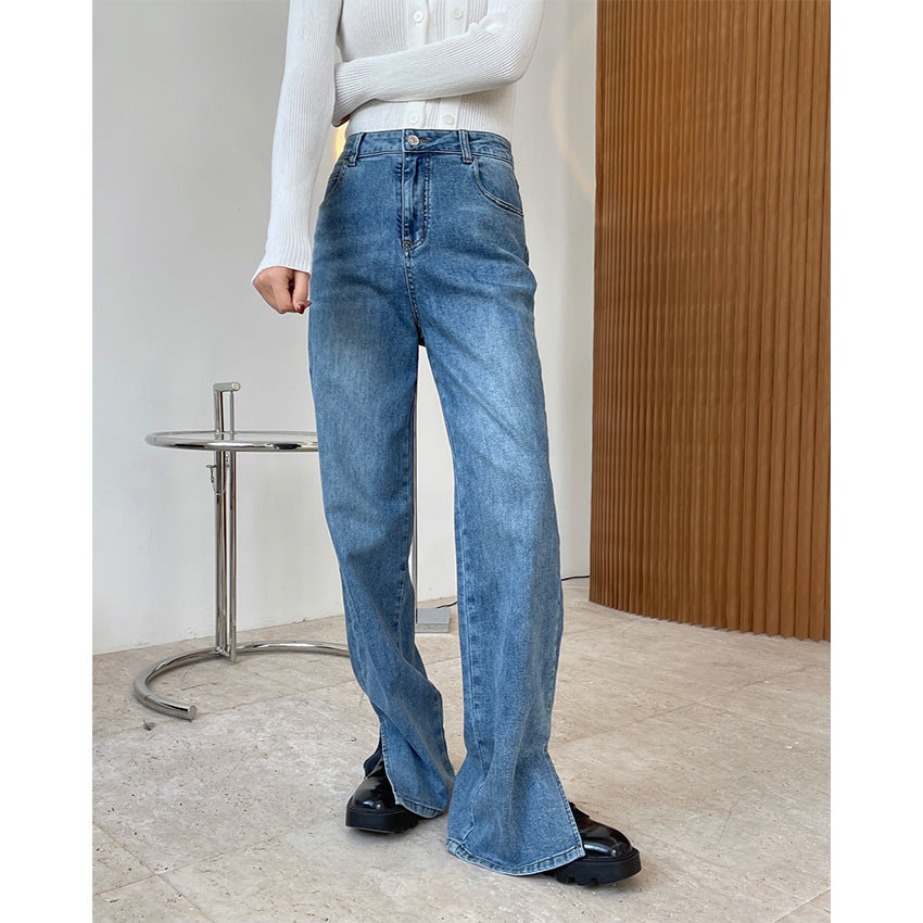 High-waistband shuttered jeans straight slim trousers