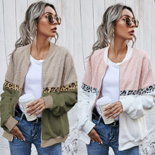 Load image into Gallery viewer, Stitching leopard print round neck loose plush jacket blouse
