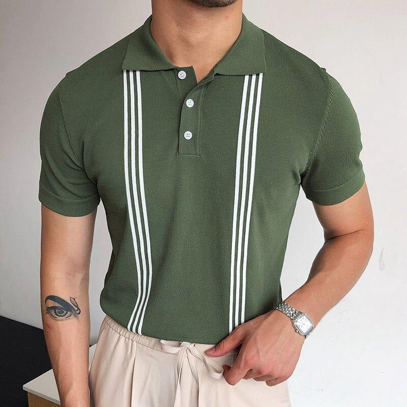 men's green striped short-sleeved polo shirt