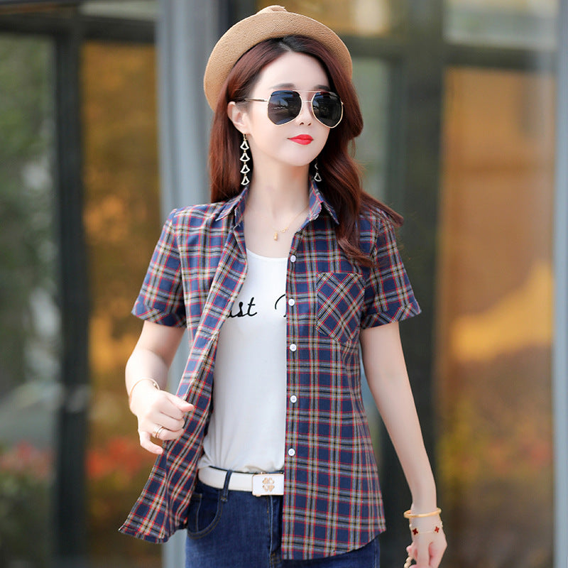 Short-sleeved plaid shirt fashion slim trend women's half-sleeve jacket