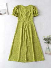 Load image into Gallery viewer, Vintage High Waist Green Floral Print Short Sleeve Dress
