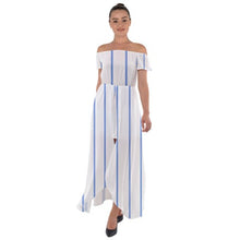 Load image into Gallery viewer, Blue Stripes Off Shoulder Open Front Chiffon Dress

