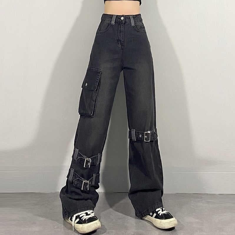 Goth Black Buckle Cargo Loose Jeans