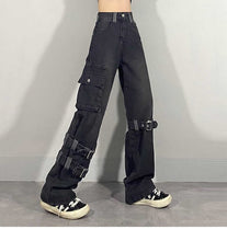 Load image into Gallery viewer, Goth Black Buckle Cargo Loose Jeans
